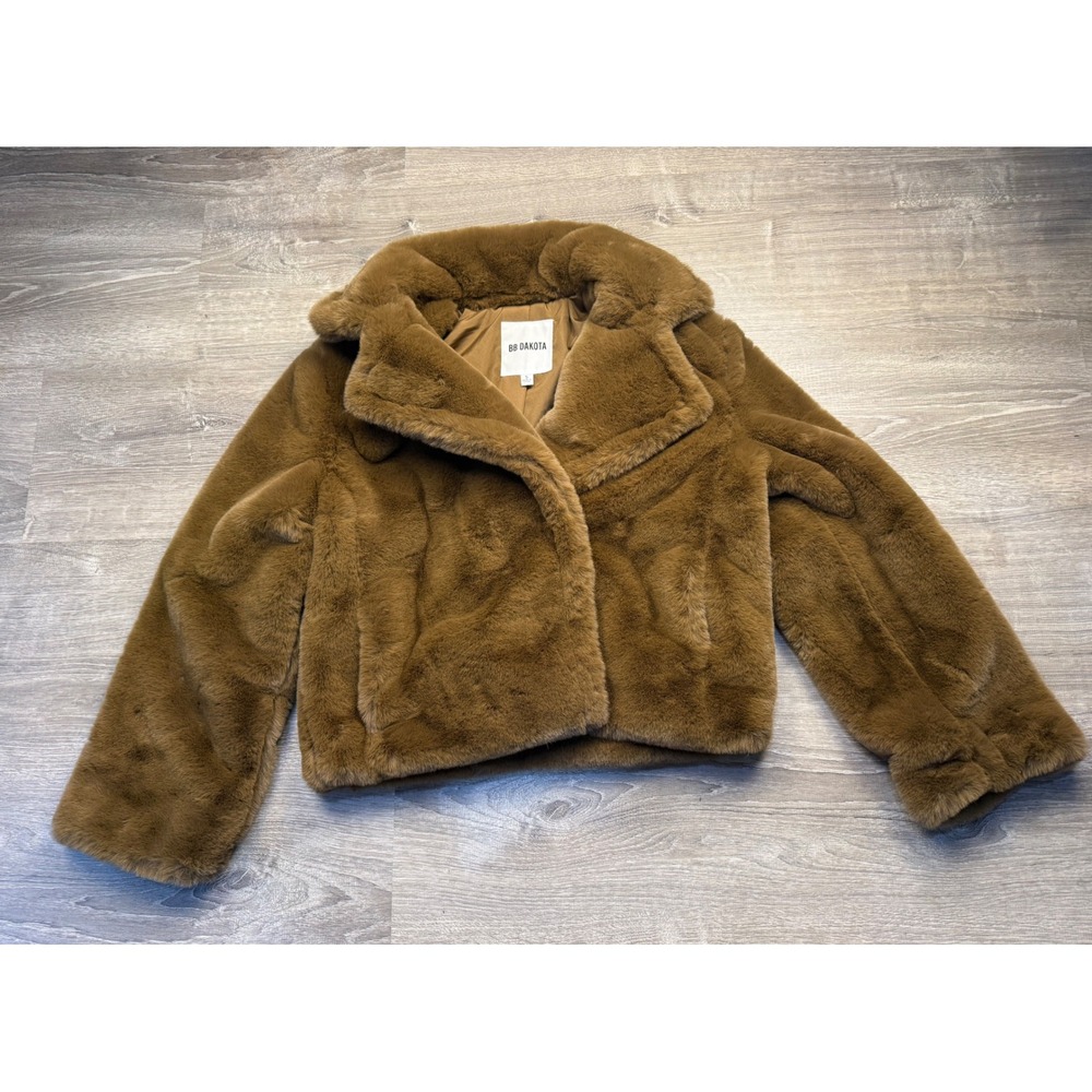 BB Dakota Brown Faux Fur Jacket BJ402995 Notched Lapel Cropped Coat Small